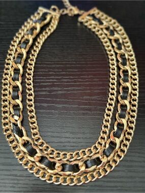Like New Triple Strand Gold Chain Necklace with Black Ribbon Weave